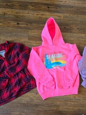 Lot Of 3 Girls Medium Sweatshirt Pink 'Seaside' Hoodie, Plaid Fleece,  Purple